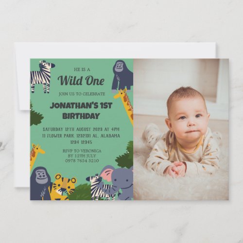 Safari Wild one Simple Cute First Birthday photo Invitation