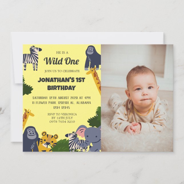 Safari Wild one Simple Cute First Birthday photo Invitation (Front)