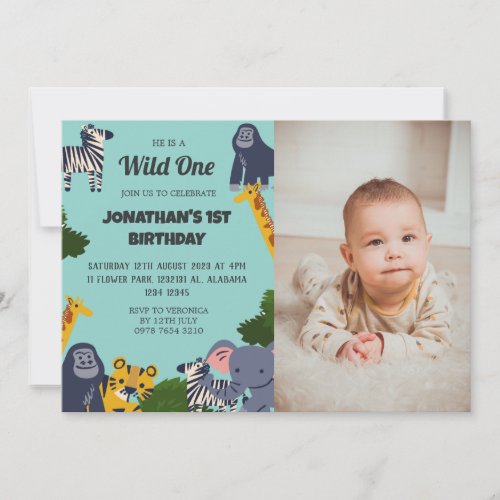 Safari Wild one Simple Cute First Birthday photo Invitation