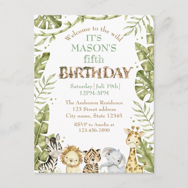 Safari Wild One Watercolor Birthday Postcard (Front)