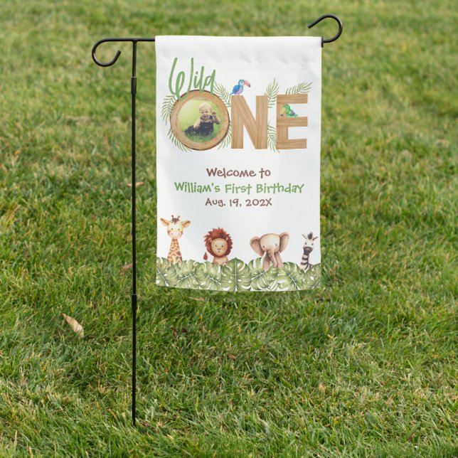 Safari Wild One Welcome Wood Photo First Birthday  Garden Flag (In SItu)