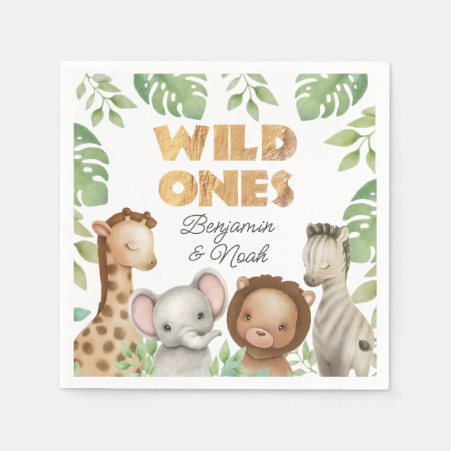 Safari Wild Ones Twins 1st Birthday Napkins (Front)