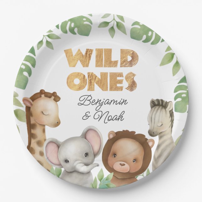 Safari Wild Ones Twins 1st Birthday Paper Plates (Front)