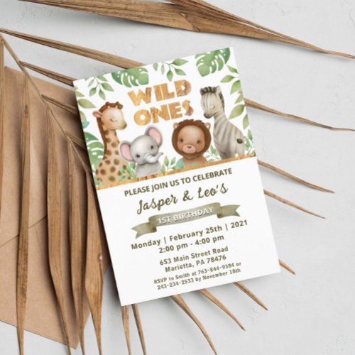 Safari Wild Ones Twins Birthday Party Invitation