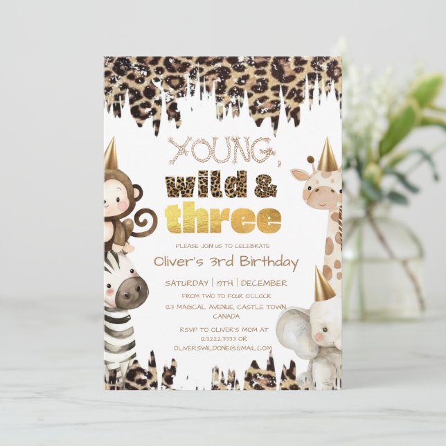 Safari Young Wild and Three Birthday Invitation (Standing Front)