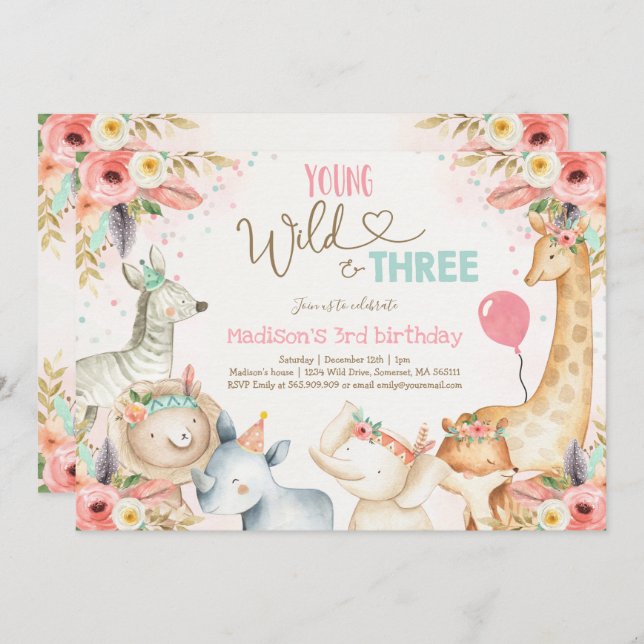 Safari Young Wild And Three Birthday Invitation (Front/Back)