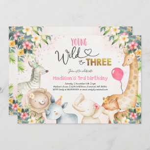 Safari Young Wild And Three Birthday Invitation