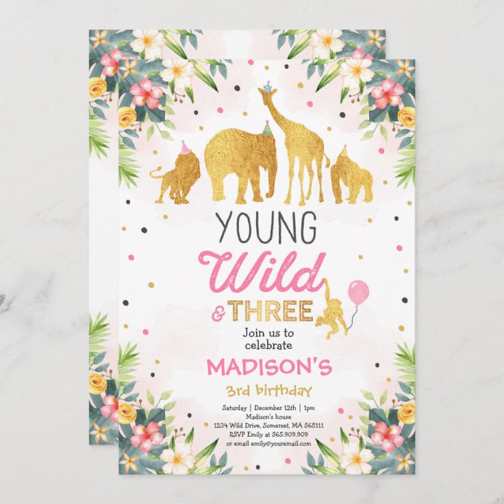 Safari Young Wild And Three Birthday Invitation 