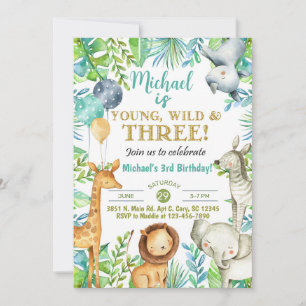 Safari Young Wild Three boy 3rd birthday invite. Invitation