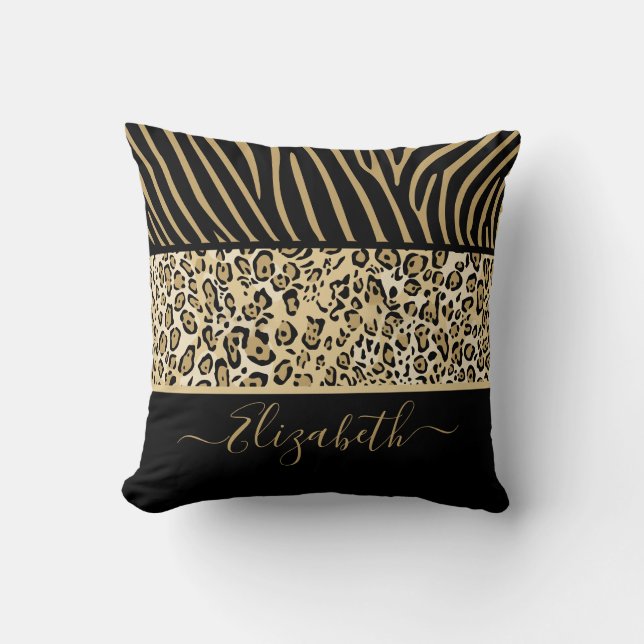 Safari Zebra Leopard Print Stripes Decor With Name Throw Pillow (Front)