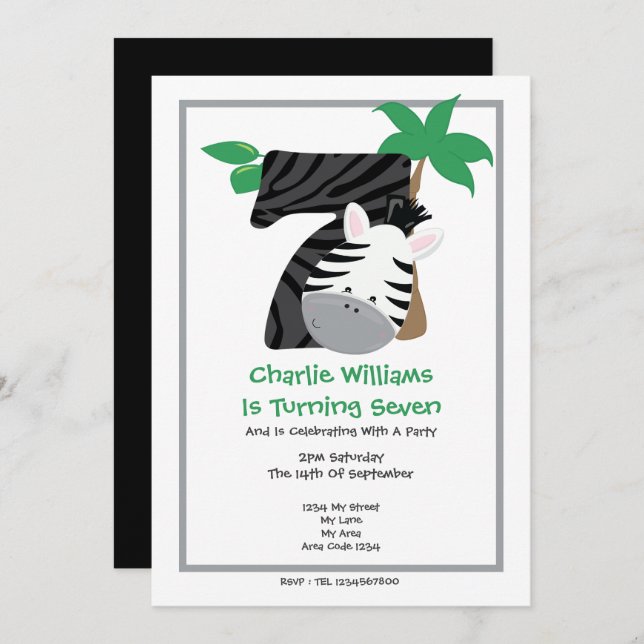 Safari Zebra Seventh Birthday Party Invitation (Front/Back)