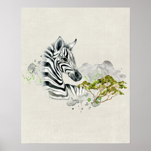 Safari Zebra With Green Savannah Tree Watercolor Poster