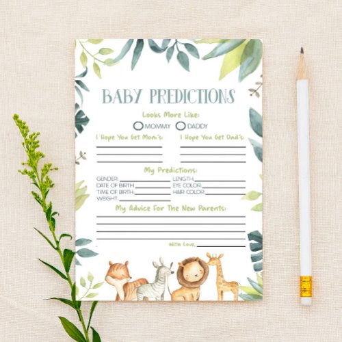 Safari Zoo Animal Baby Shower Predictions Activity Stationery