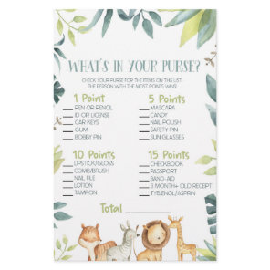 Safari Zoo Animal What's In Purse Baby Shower Game Stationery