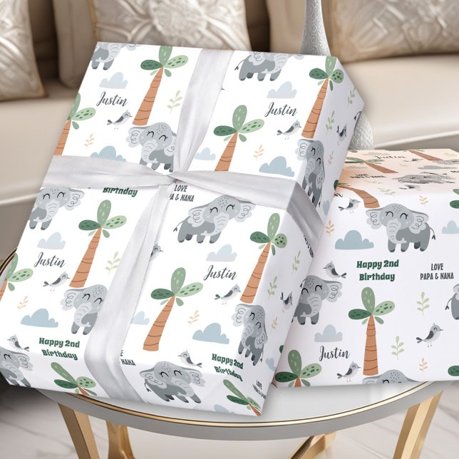 Safari ZOO Animals Cute Elephant Boy Birthday Name Wrapping Paper (Safari ZOO Animals Cute Elephant Boy Birthday Name Wrapping Paper)