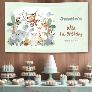 Safari ZOO Animals Wild One Green 1st Birthday Banner