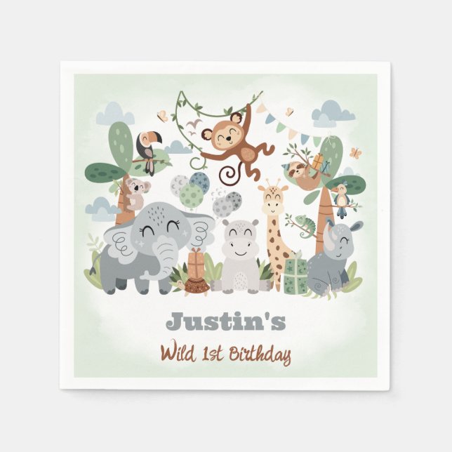 Safari ZOO Animals Wild One Green 1st Birthday Napkins (Front)