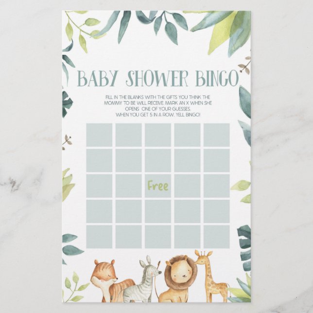 Safari Zoo Jungle Animals Bingo Baby Shower Game Stationery (Front)