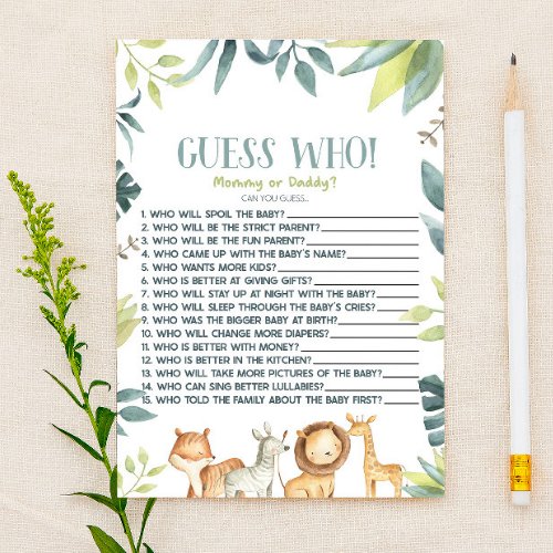 Safari Zoo Wild Animal Guess Who Baby Shower Game Stationery