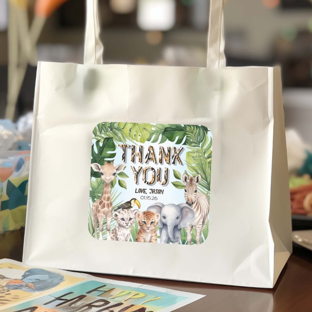 Safary Themed Jungle animals Thank You Favor Square Sticker (Safari Themed birthday goody bag thank you stickers)
