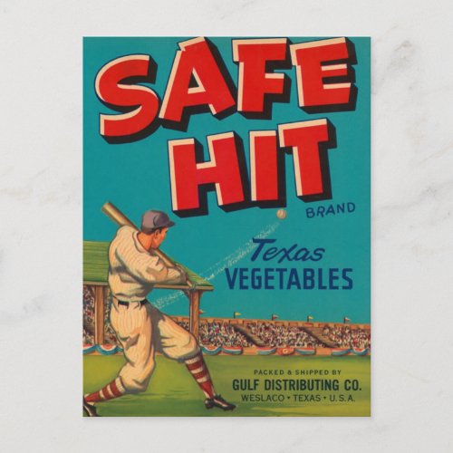Safe Hit Texas Vegetables Crate Label Postcard