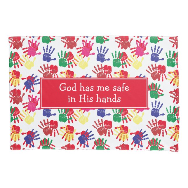 SAFE IN GODS HANDS Kids Painted Hands Pillow Case (Front)