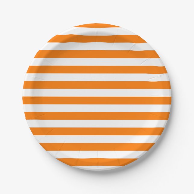 Safety Orange and White Stripes Paper Plates (Front)
