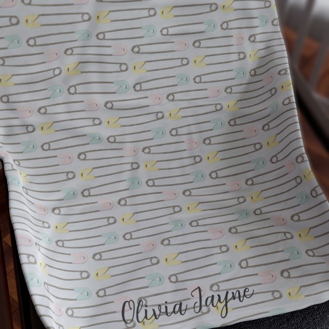 Safety Pin Pattern Grey Modern Kids Fleece Blanket (Just add your name to this cute diaper pin pattern blanket)