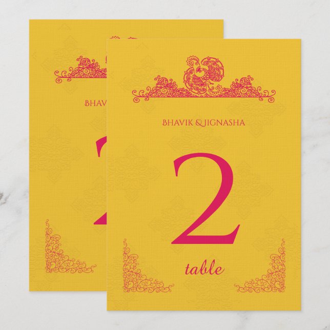 Saffron and Pink Peacock Indian Table Number (Front/Back)