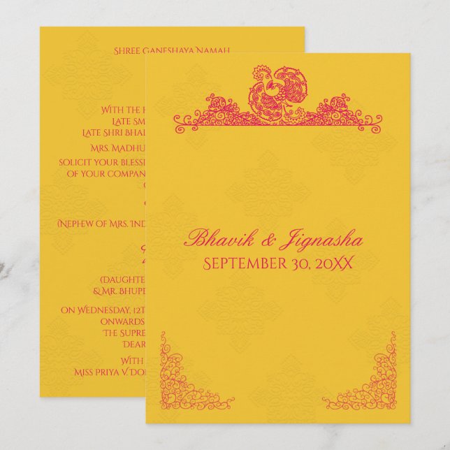 Saffron and Pink Peacock Indian Wedding Invitation (Front/Back)