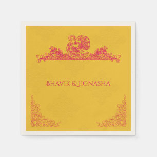 Saffron and Pink Peacock Indian Wedding Napkin