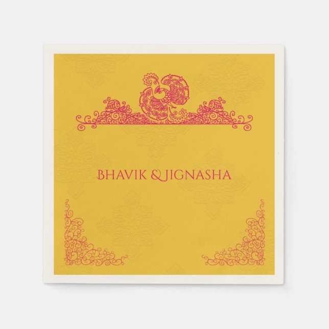 Saffron and Pink Peacock Indian Wedding Napkin (Front)
