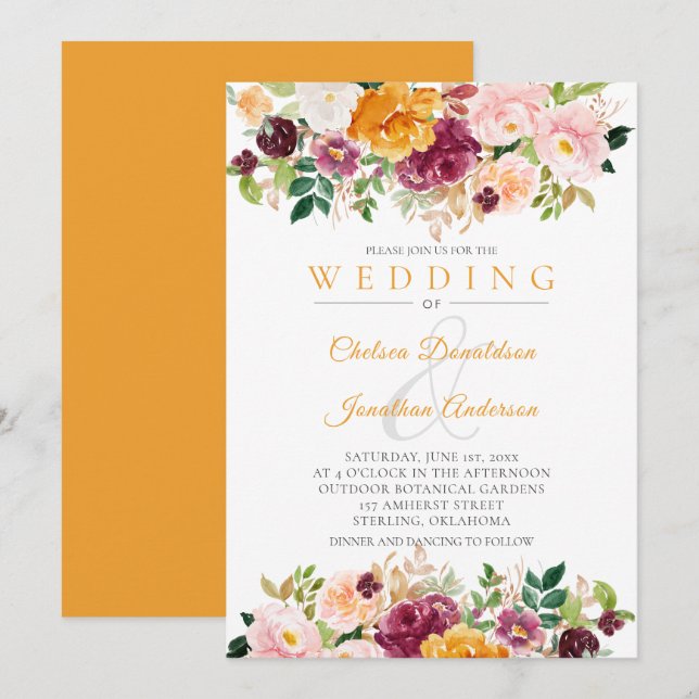 Saffron, Pink, Burgundy Watercolor Roses Wedding Invitation (Front/Back)