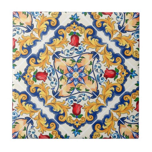 Saffron Red Floral Sicilian Majolica Mediterranean Ceramic Tile