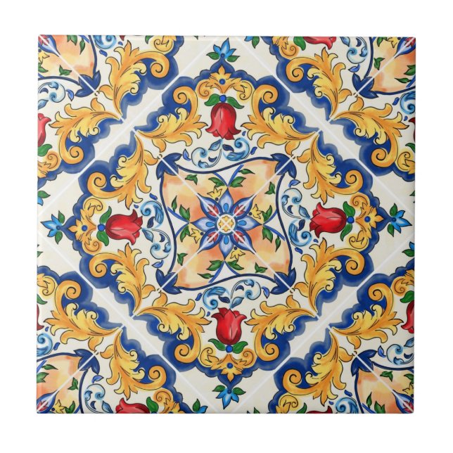 Saffron Red Floral Sicilian Majolica Mediterranean Ceramic Tile (Front)