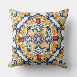 Saffron Red Floral Sicilian Majolica Mediterranean Throw Pillow