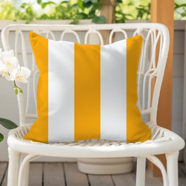 Saffron Yellow and White Vertical Cabana Stripes Outdoor Pillow (Creator Uploaded)