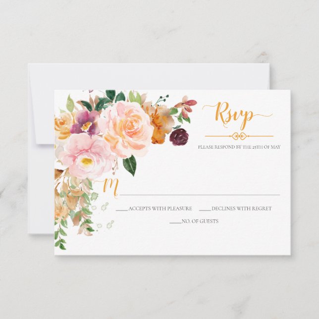 Saffron Yellow Blush Mauve Corner Bouquet RSVP Card (Front)