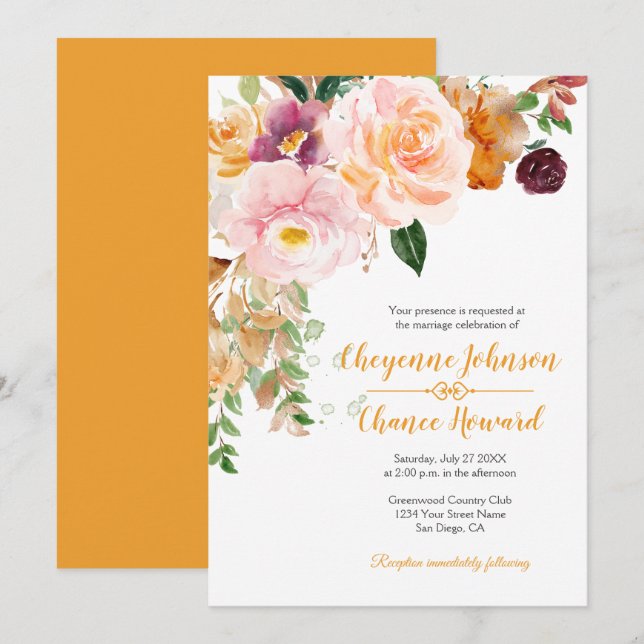 Saffron Yellow Pink Mauve Rustic Wedding | Invitation (Front/Back)