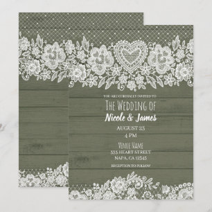Sag Green Rustic Wood Lace Farmhouse Barn Wedding Invitation