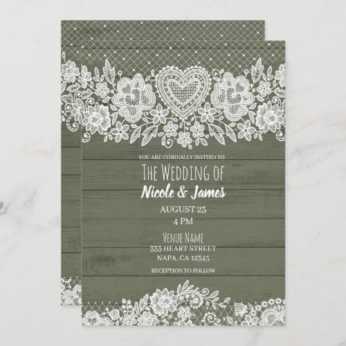 Sag Green Rustic Wood Lace Farmhouse Barn Wedding Invitation