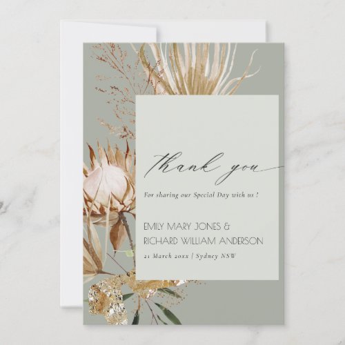 Saga Green Boho Protea Dried Palm Floral Wedding Thank You Card
