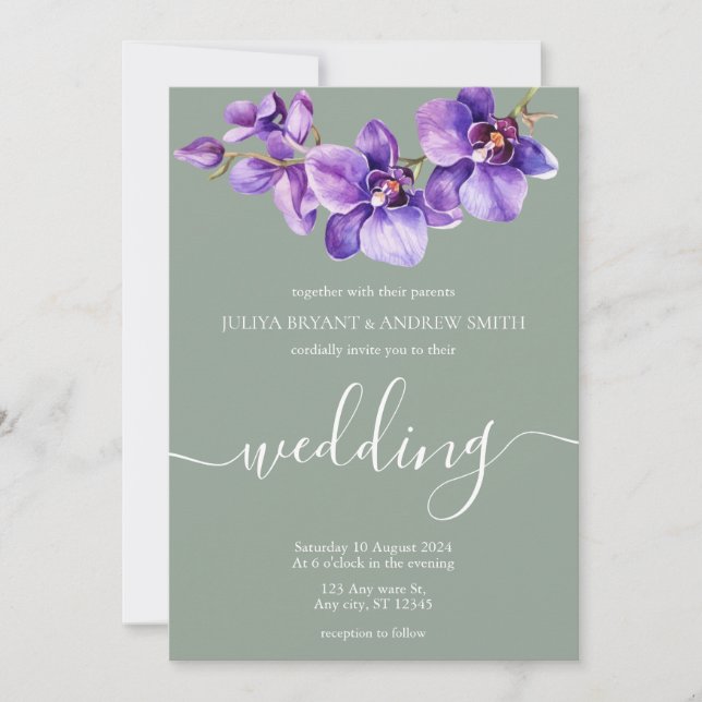 Saga green Orchid floral Script wedding Invitation (Front)