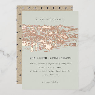 Saga Green Rose Gold Foil Winery Sketch Wedding Invitation
