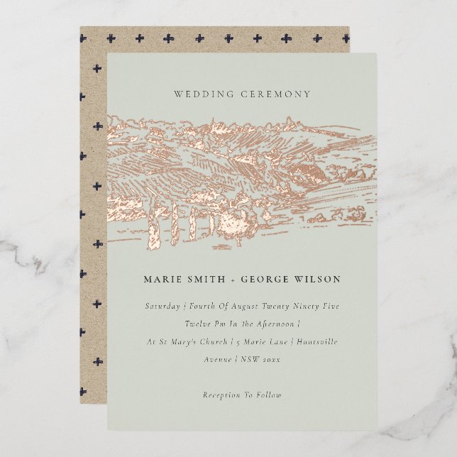 Saga Green Rose Gold Foil Winery Sketch Wedding Invitation (Front/Back)