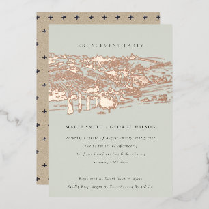 Saga Green Rose Gold Hill Winery Sketch Engagement Foil Invitation
