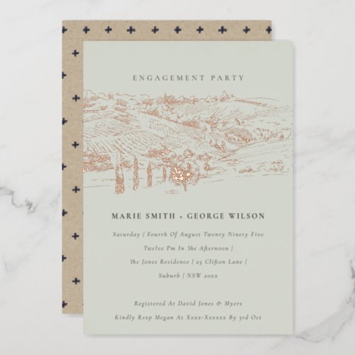 Saga Green Rose Gold Hill Winery Sketch Engagement Foil Invitation