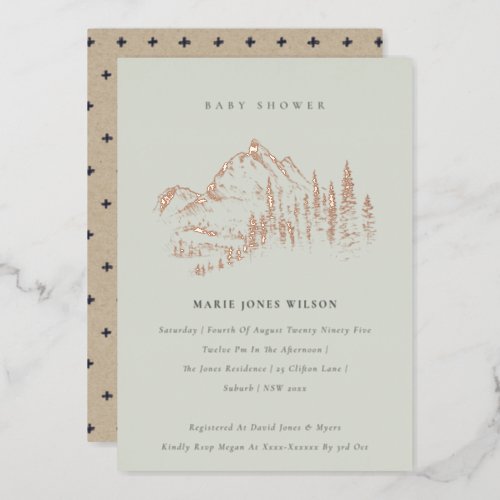 Saga Green Rose Gold Mountain Pine Baby Shower Foil Invitation
