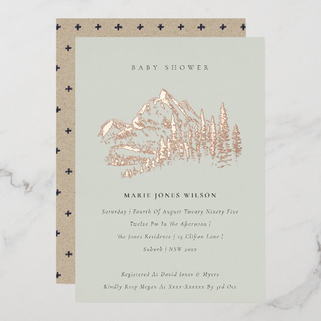 Saga Green Rose Gold Mountain Pine Baby Shower Foil Invitation (Front/Back)