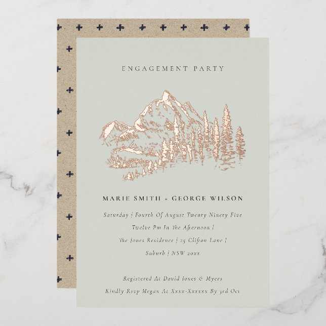 Saga Green Rose Gold Mountain Pine Engagement Foil Invitation (Front/Back)